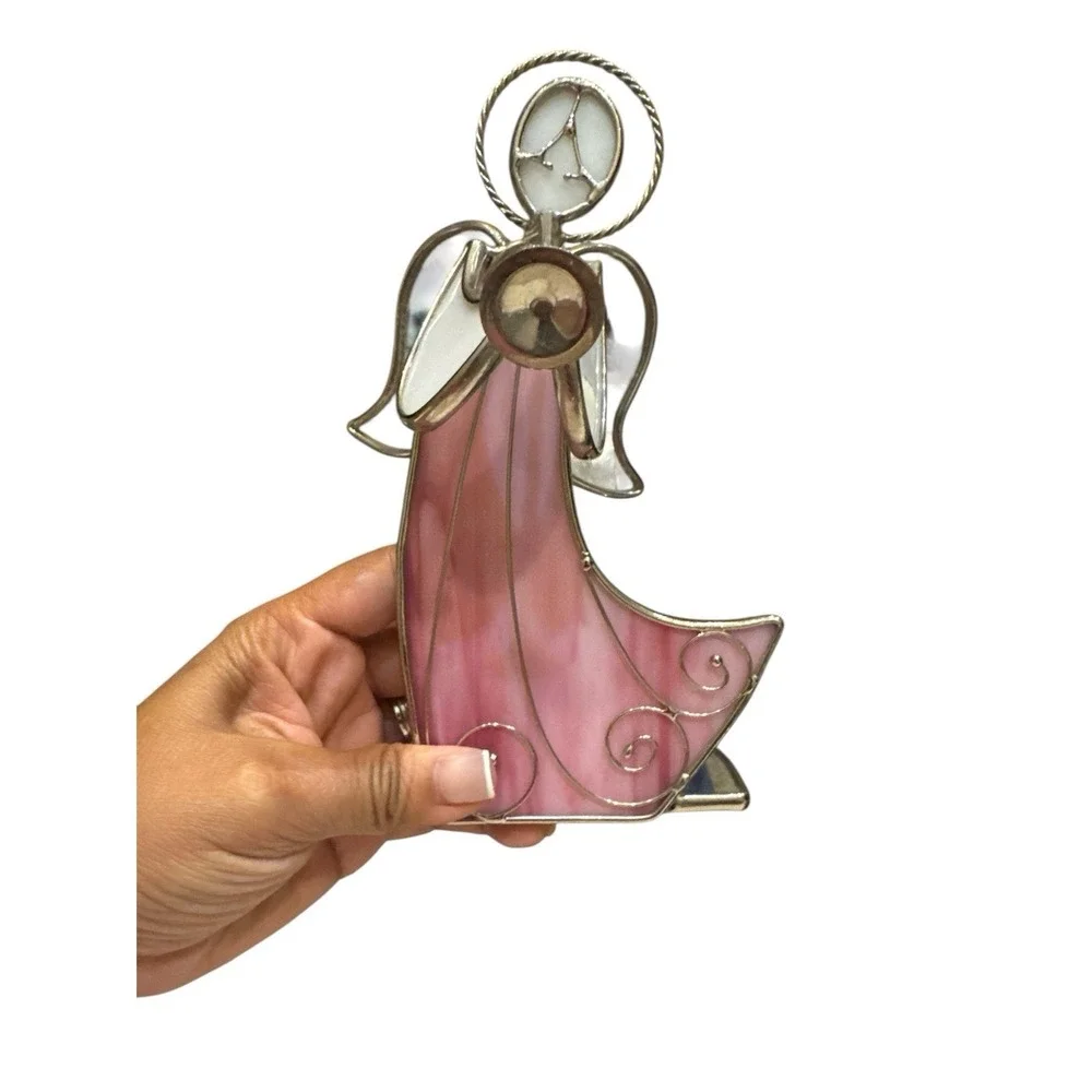 Vintage Angel ISRAFEL Playing the Trumpet Pink Stained Glass Dress Candle Holder